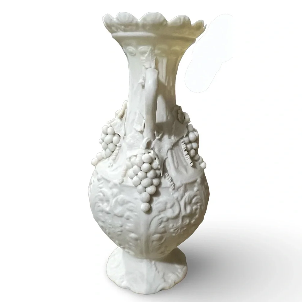 White Parian Ware Amphora Vase 8.5” Grape Design
